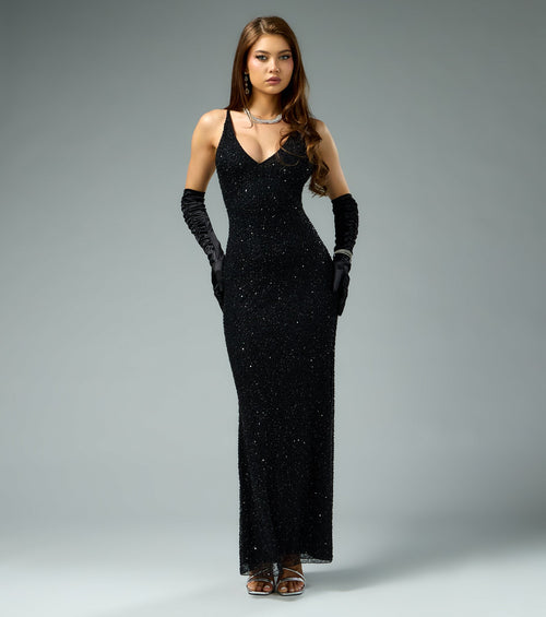 Amiah Beaded Sequin Column Formal Dress