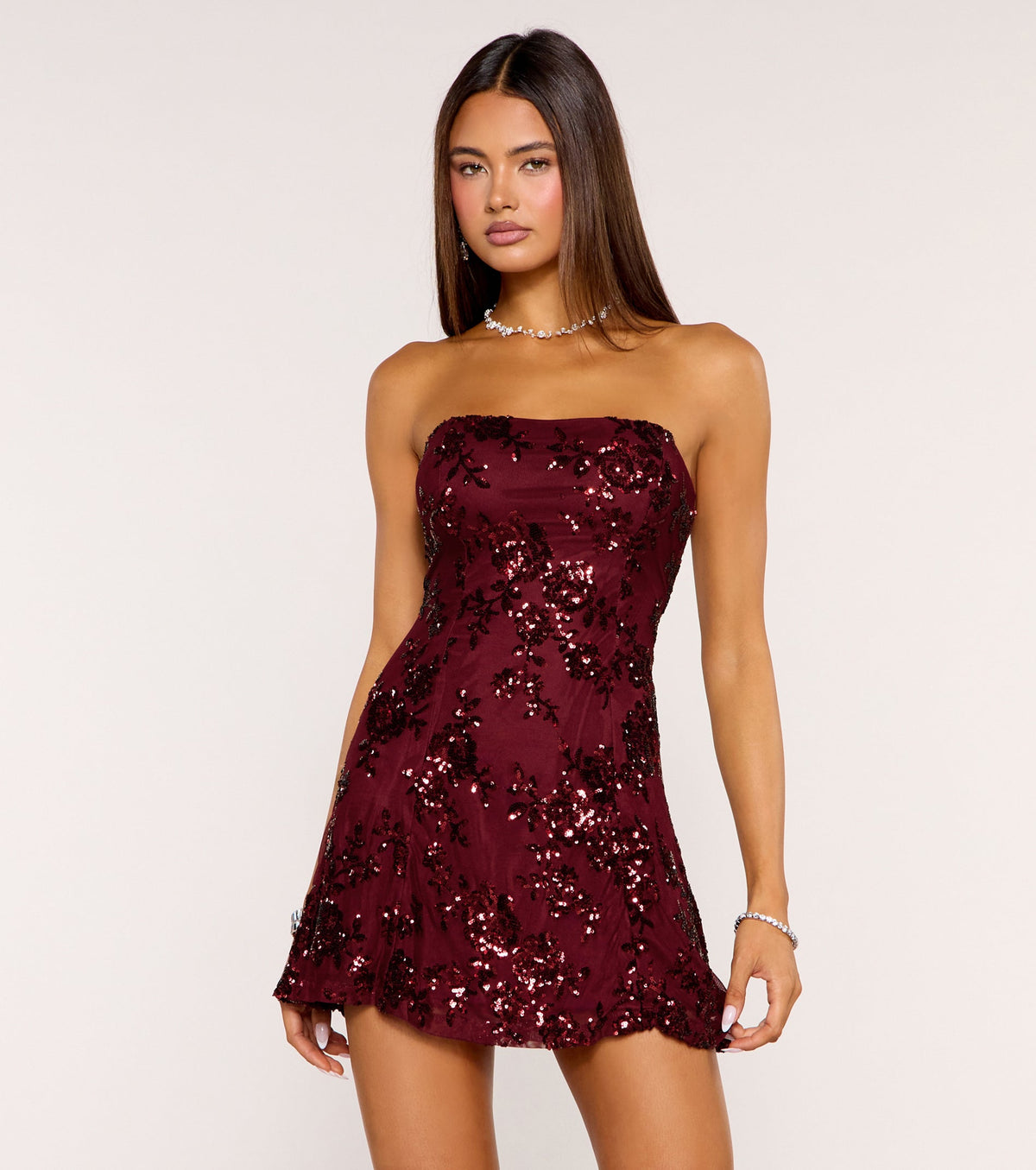 Shimmer In Bloom Floral Sequin Mini Tube Dress
