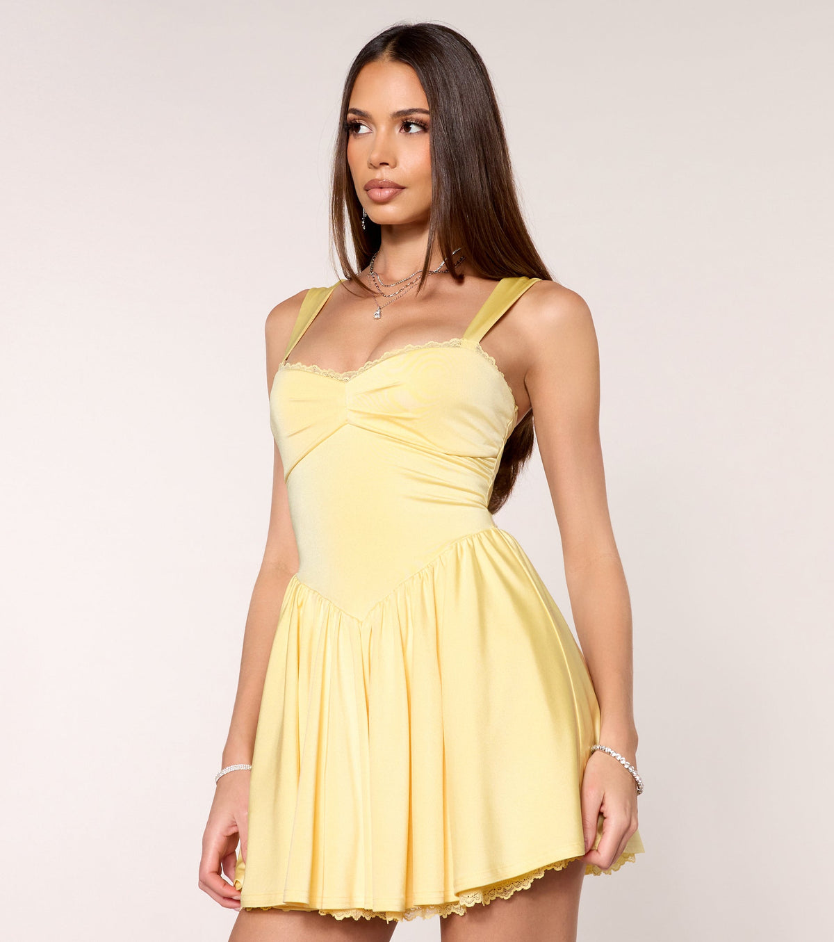 Glam Drop Lace-Trim A-Line Mini Dress