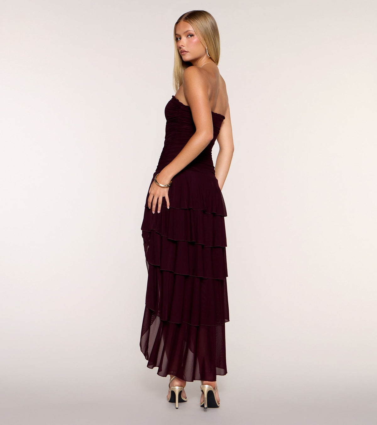 Ruffle Theory Ruched Strapless High Slit Maxi Dress