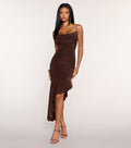 Soft Sweep Cowl Neck Asymmetric Hem Midi Dress
