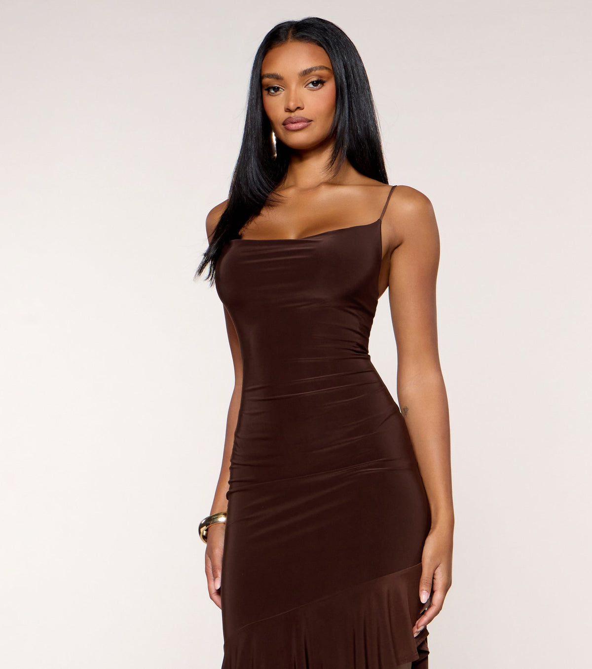 Soft Sweep Cowl Neck Asymmetric Hem Midi Dress