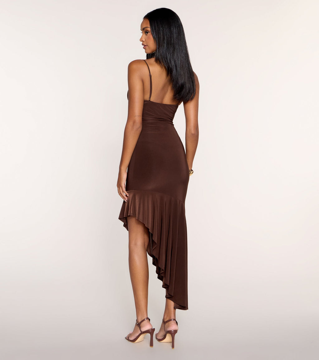 Soft Sweep Cowl Neck Asymmetric Hem Midi Dress