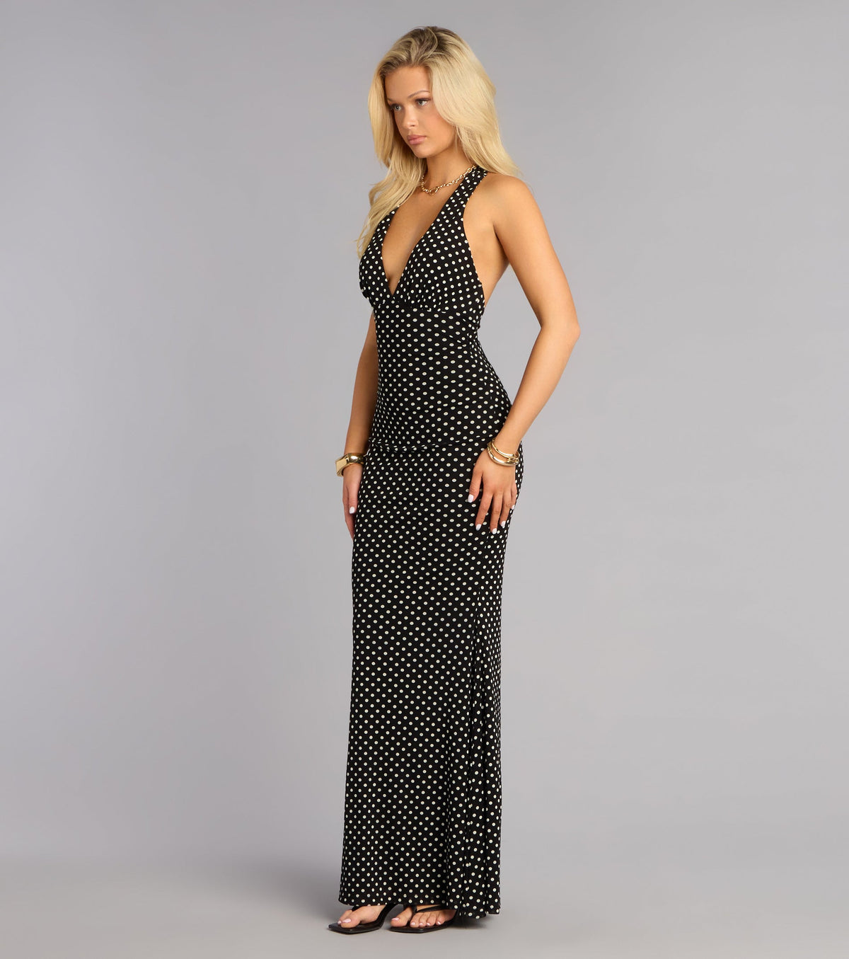 Major Charm Polka Dot Halter Maxi Dress