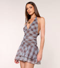 Prep Play Plaid Mesh Halter Ruffle Mini Dress