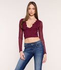 Dot Crush Polka Dot Lace Trim V Neck Crop Top