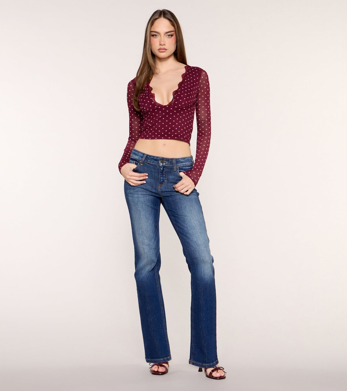Dot Crush Polka Dot Lace Trim V Neck Crop Top
