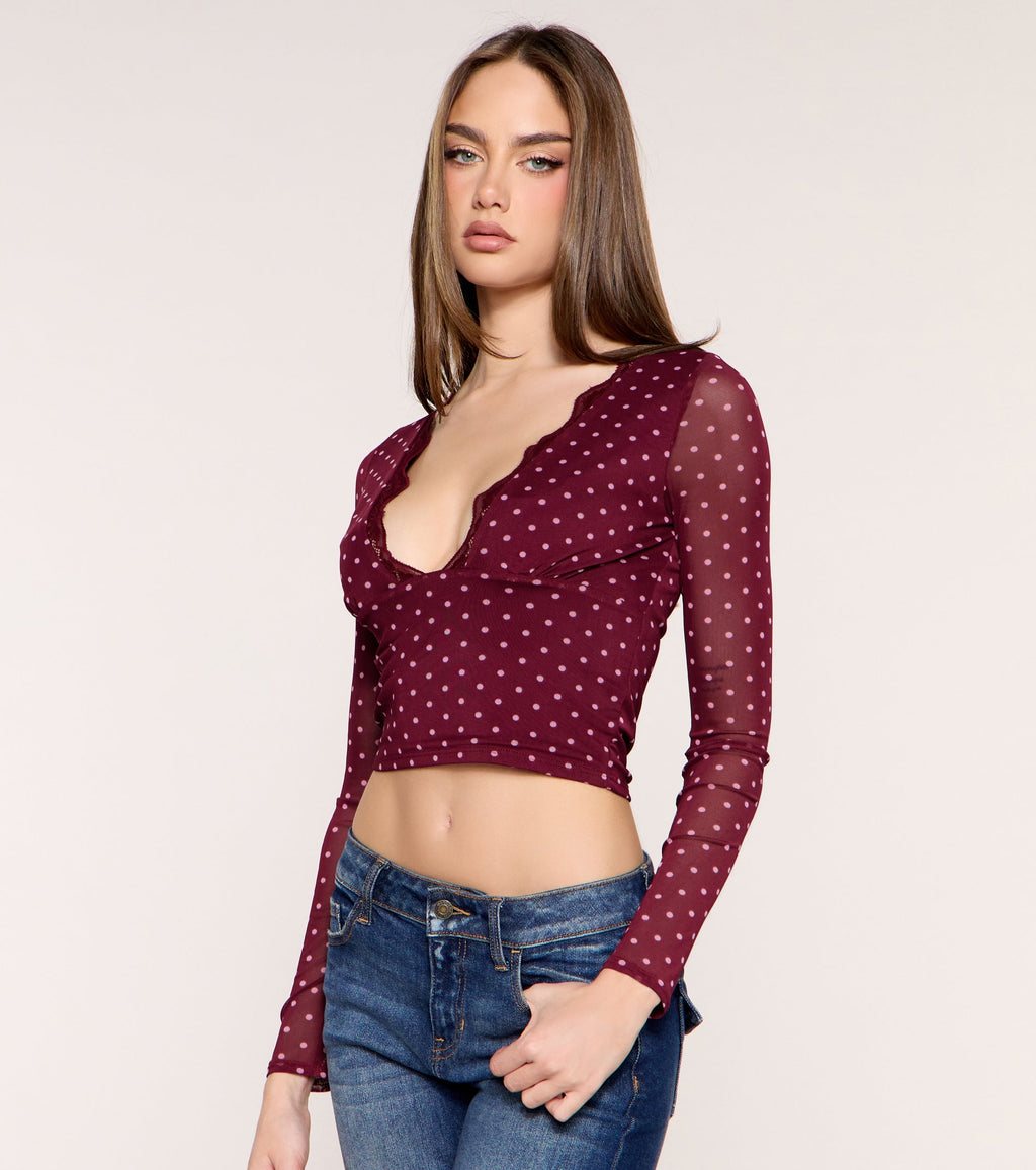 Dot Crush Polka Dot Lace Trim V Neck Crop Top