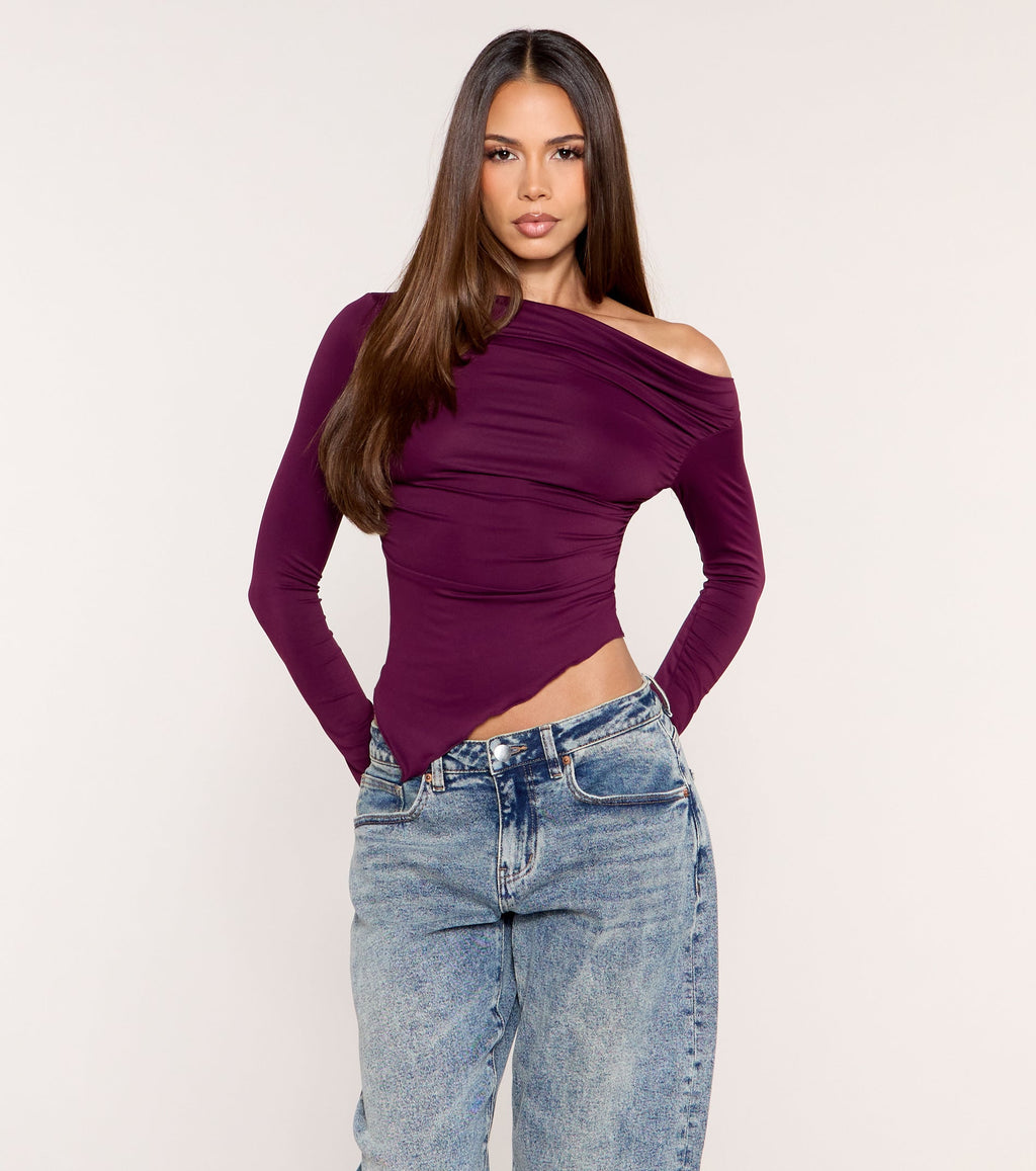 Side Note Asymmetric Off-Shoulder Long Sleeve Top