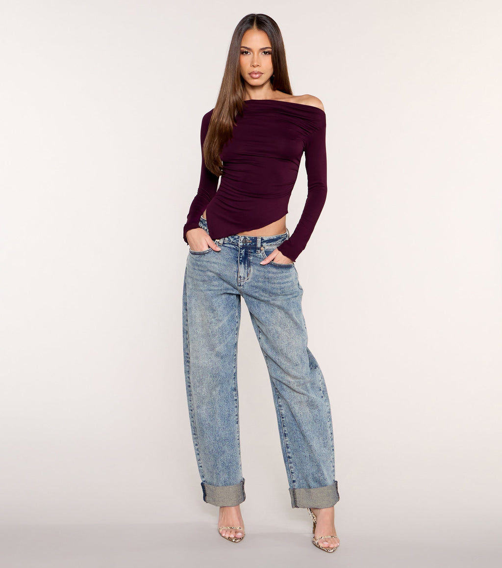 Side Note Asymmetric Off-Shoulder Long Sleeve Top