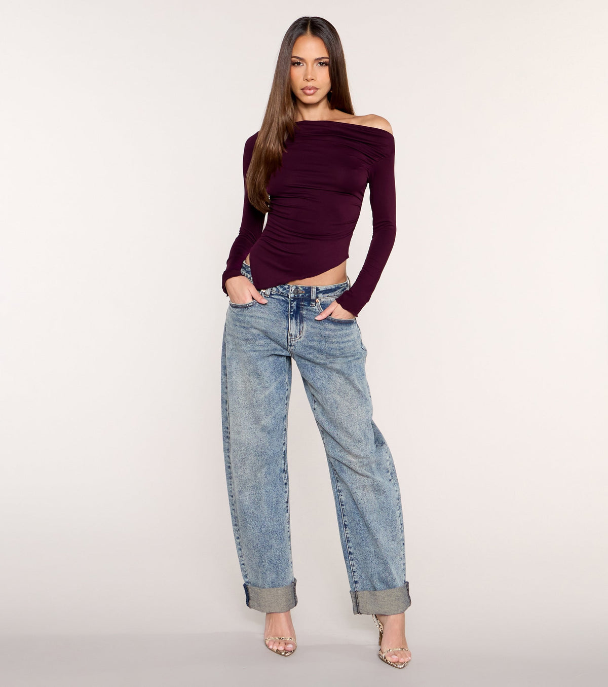 Side Note Asymmetric Off-Shoulder Long Sleeve Top