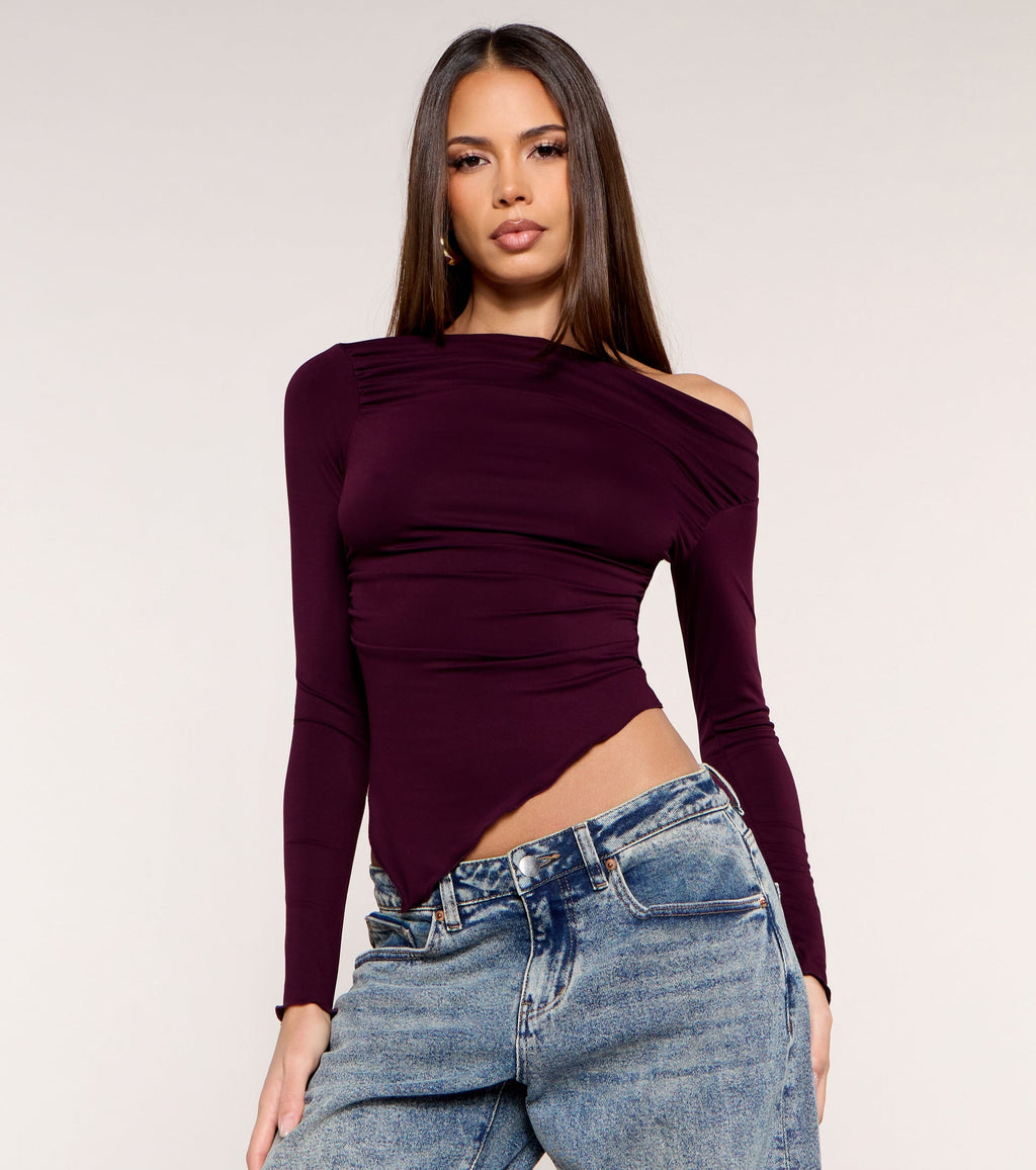 Side Note Asymmetric Off-Shoulder Long Sleeve Top