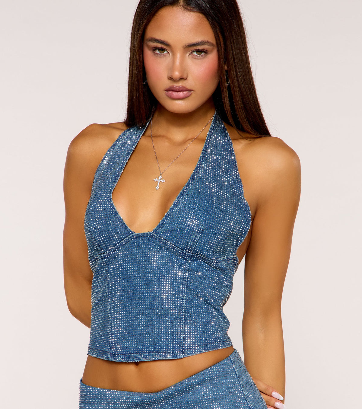 Studded Out Rhinestone Denim Halter Top