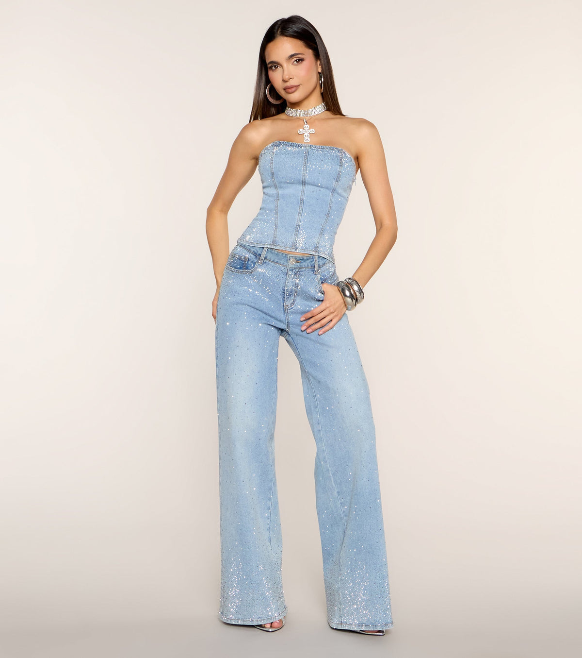 Catch the Flash Rhinestone Denim Corset Top