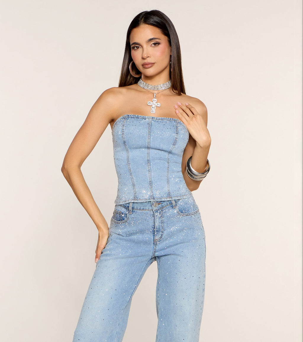 Catch the Flash Rhinestone Denim Corset Top