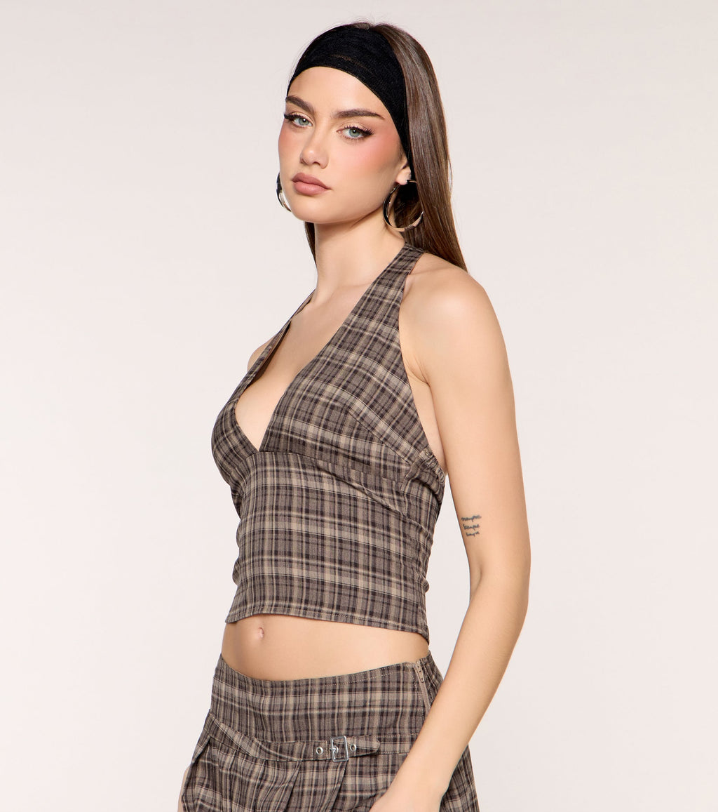 Check Please Plaid Halter Top