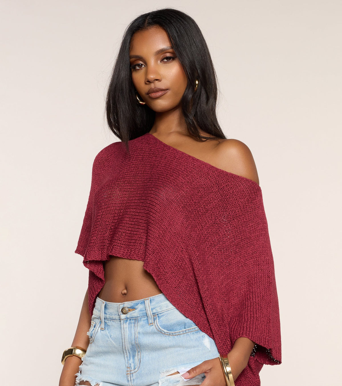So Breezy Off-Shoulder Poncho Top
