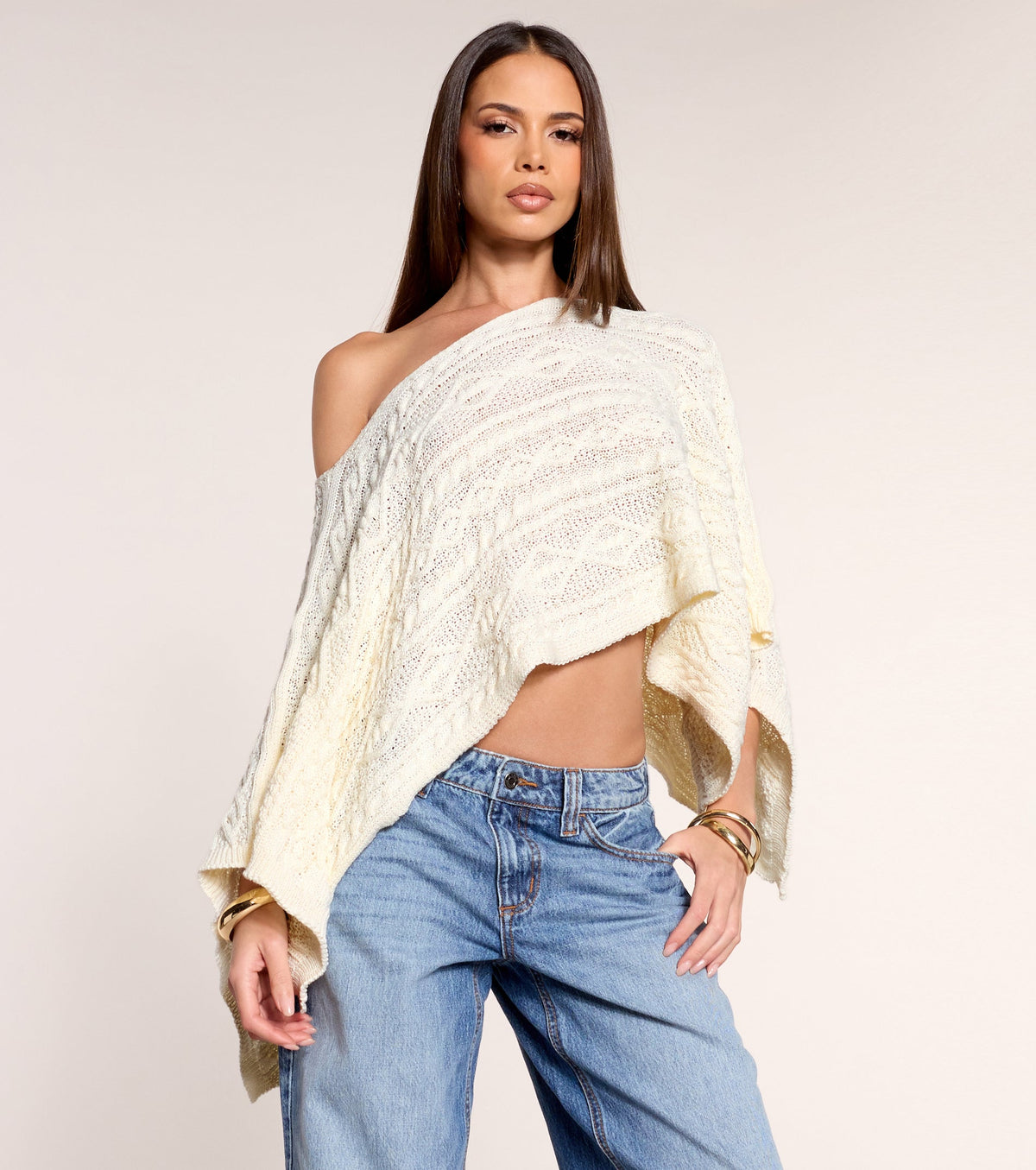 Off Balance Cable Knit Asymmetric Poncho Top