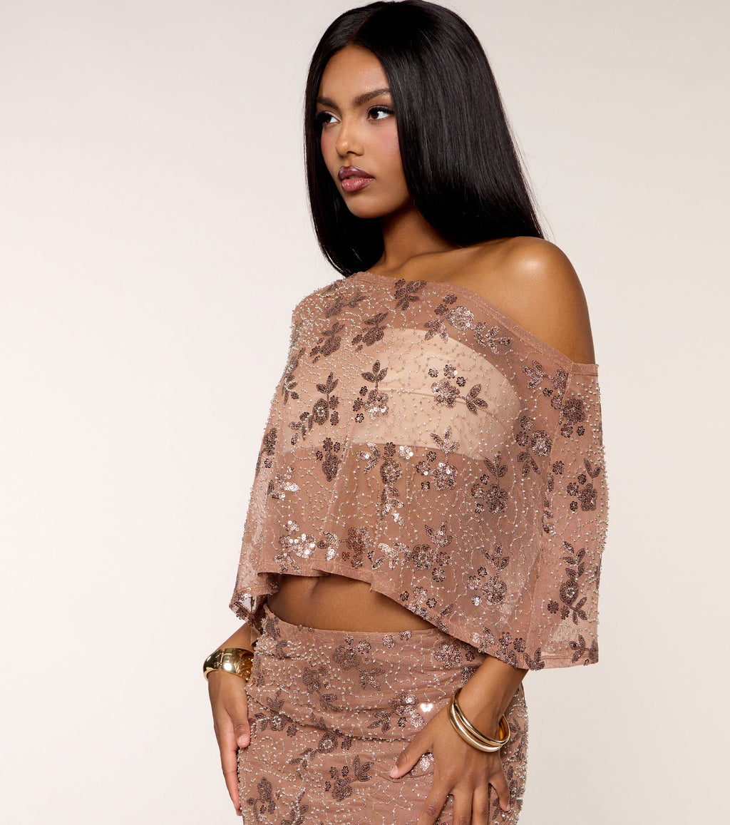 Shimmer Status Sequin Beaded Mesh Poncho
