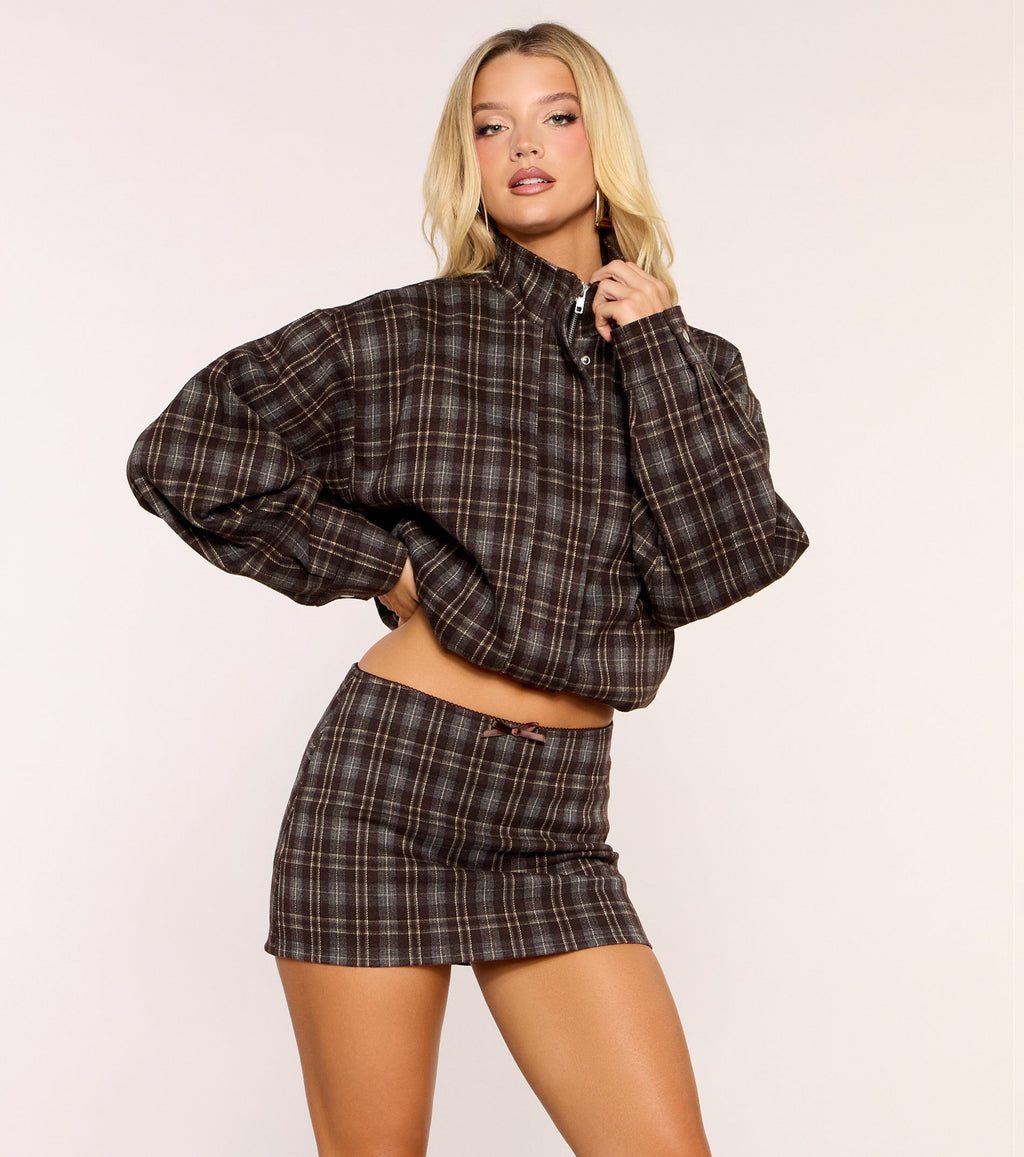 Checked In Plaid Funnel Neck Bomber Jacket