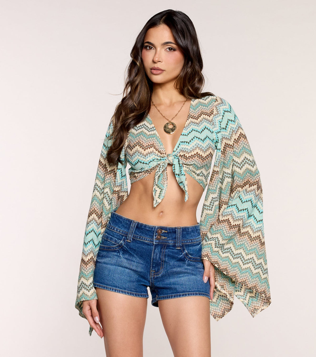 Good Vibes Flare Sleeve Tie-Front Top