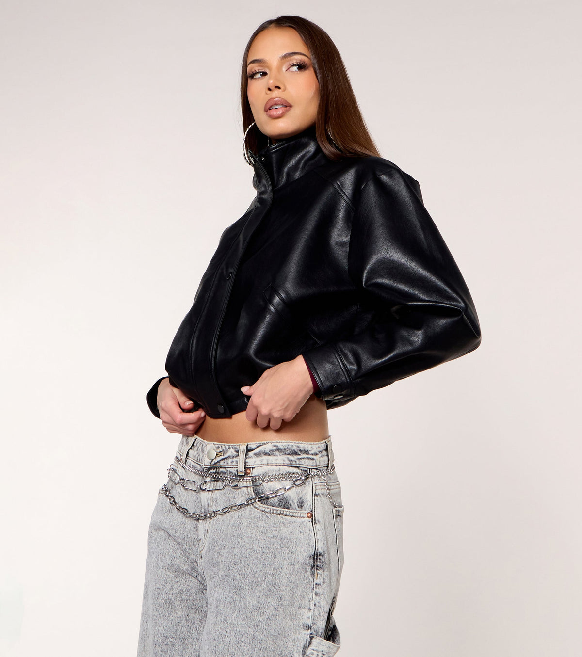 Zip It Faux Leather Funnel Neck Jacket