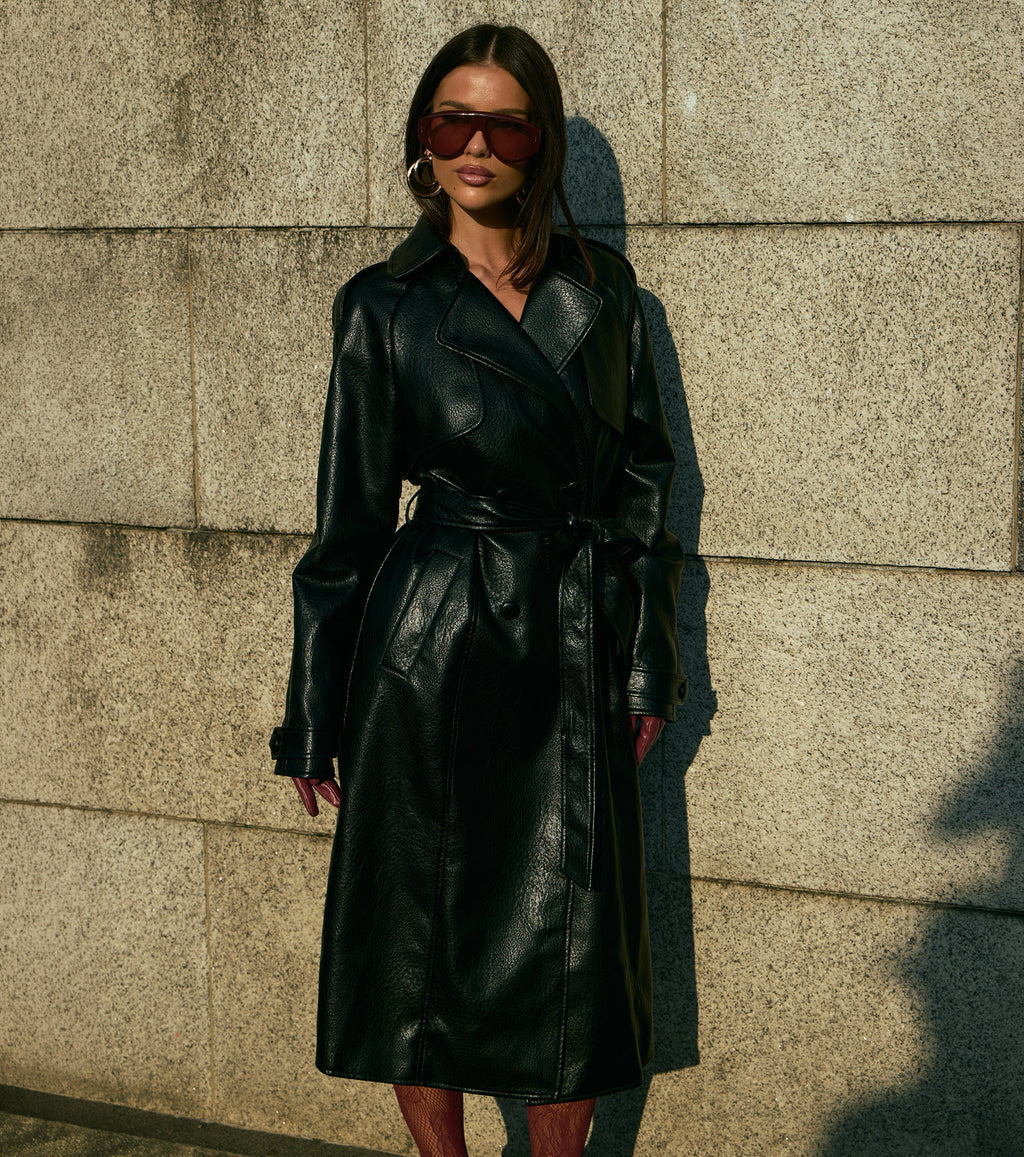 Chic Move Faux Leather Belted Trench Coat