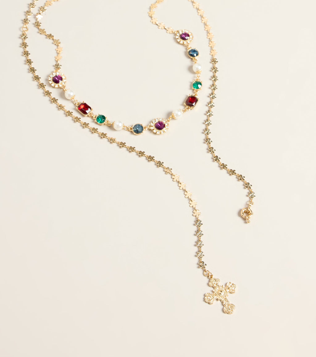 Color Theory Layered Stone Cross Lariat Necklace Set