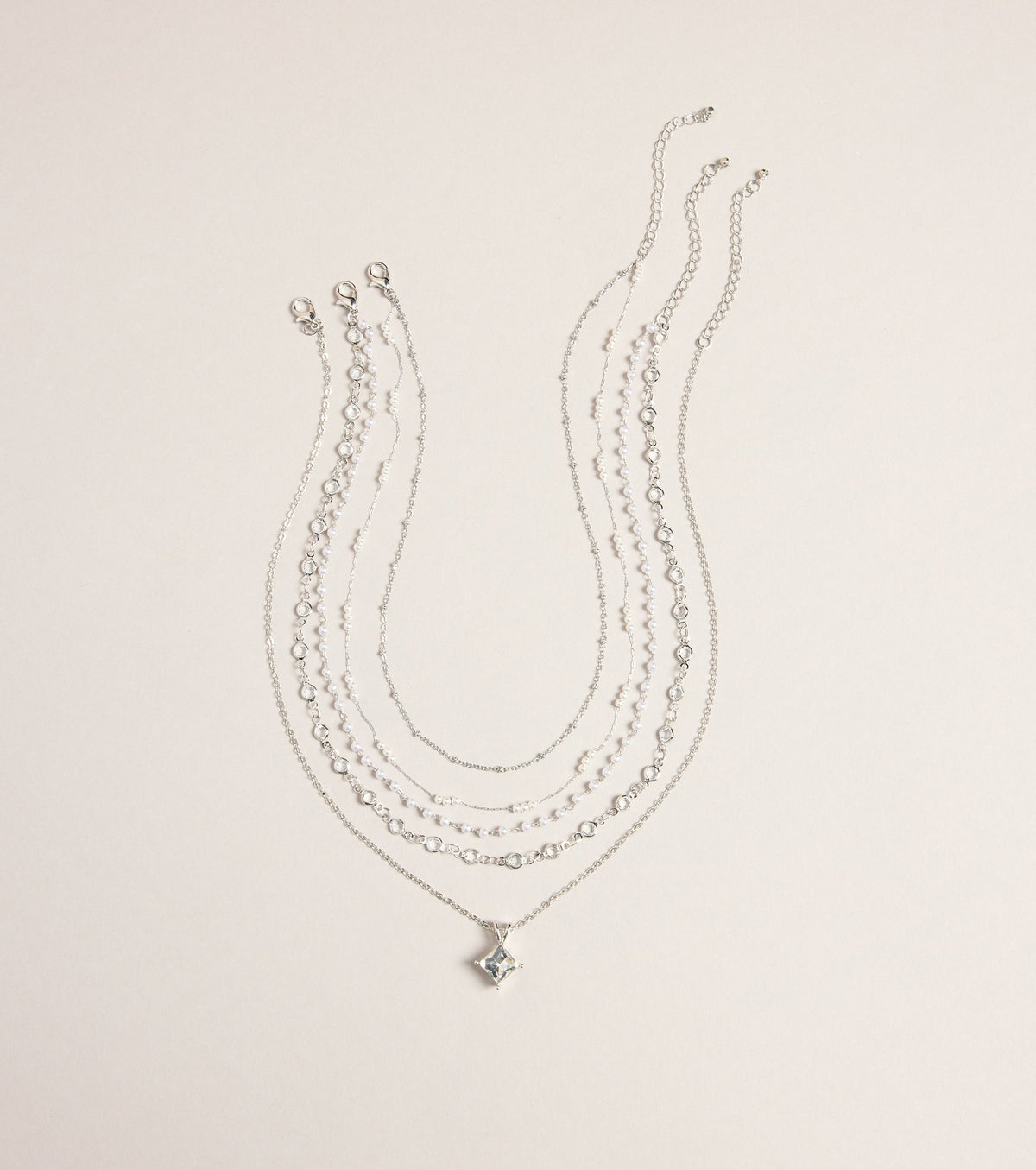 Polished Stack Pearl And Rhinestone Layered Necklace Set