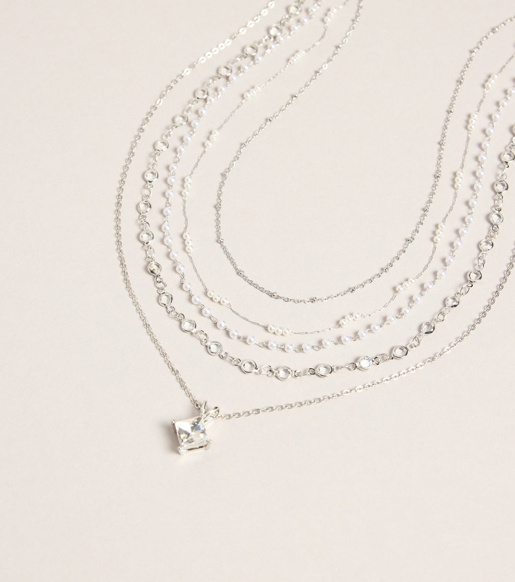 Polished Stack Pearl And Rhinestone Layered Necklace Set