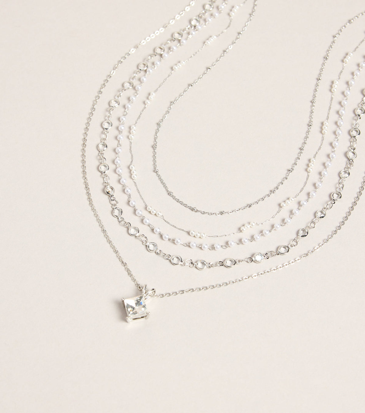 Polished Stack Pearl And Rhinestone Layered Necklace Set
