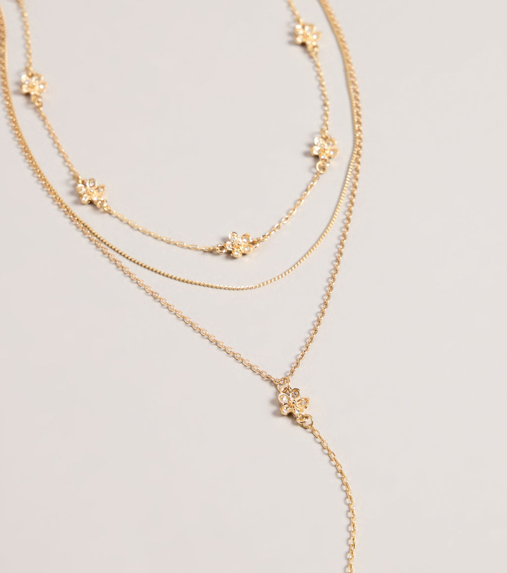 Bloom Line Rhinestone Flower Layered Necklace Set