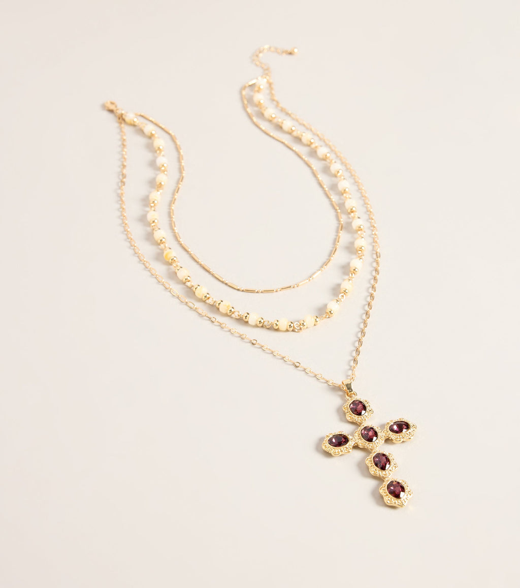 Divine Detail Layered Gemstone Cross Necklace