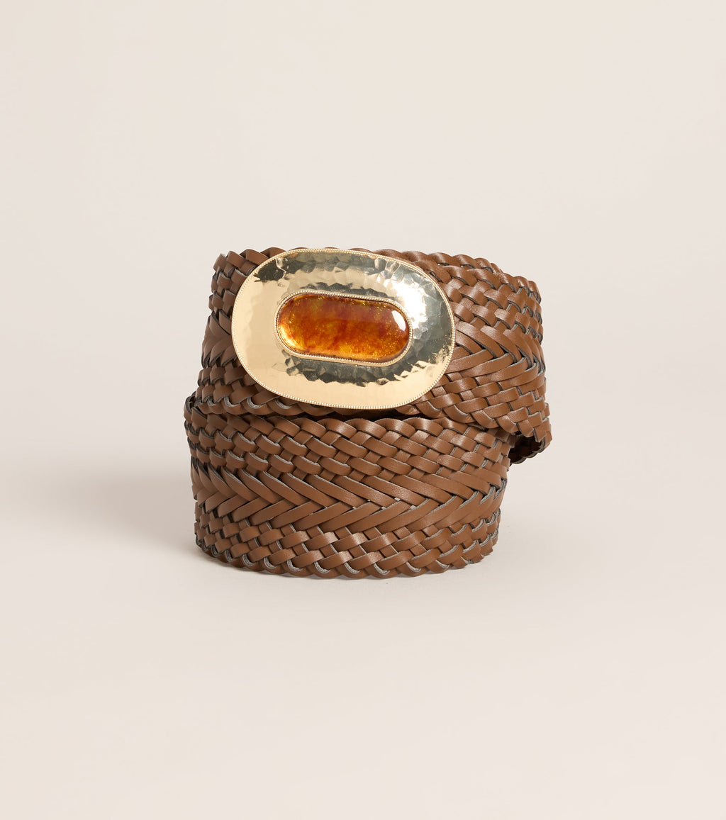 Retro Wrapped Woven Faux Leather Stone Buckle Belt