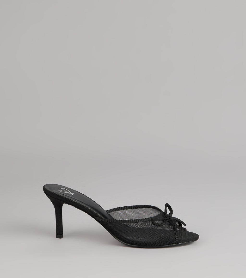 Polished Sweet Bow Detail Mesh Mule Heels