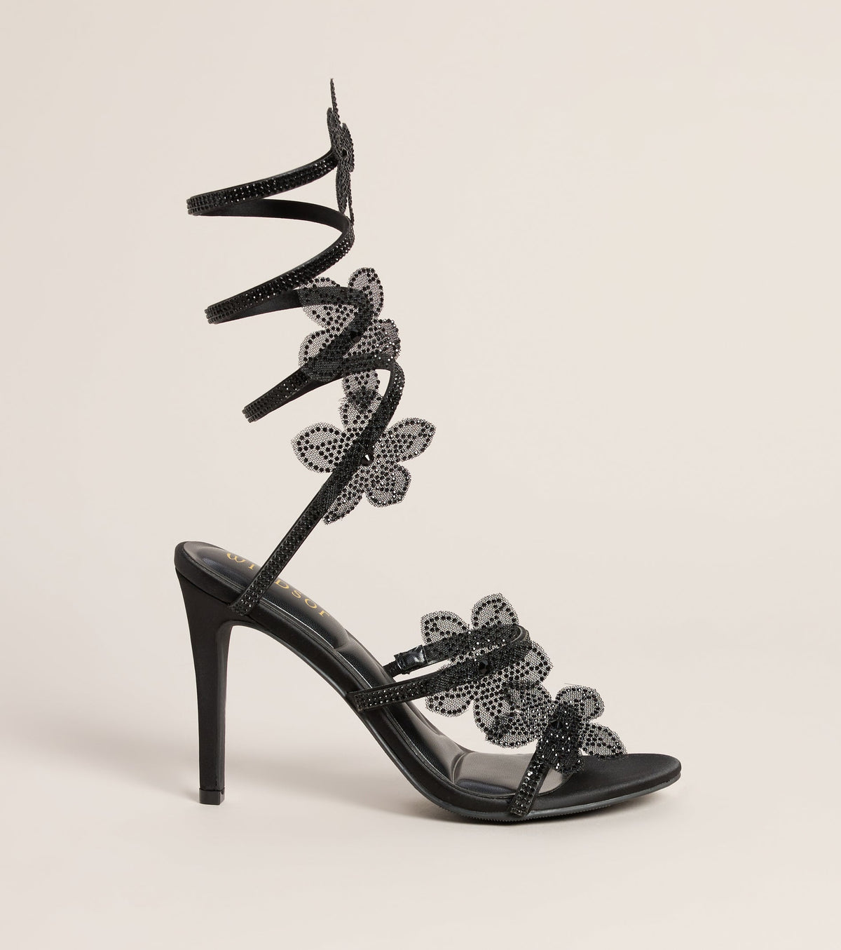 Glitzy Rhinestone Flower Spiral Stiletto Heels