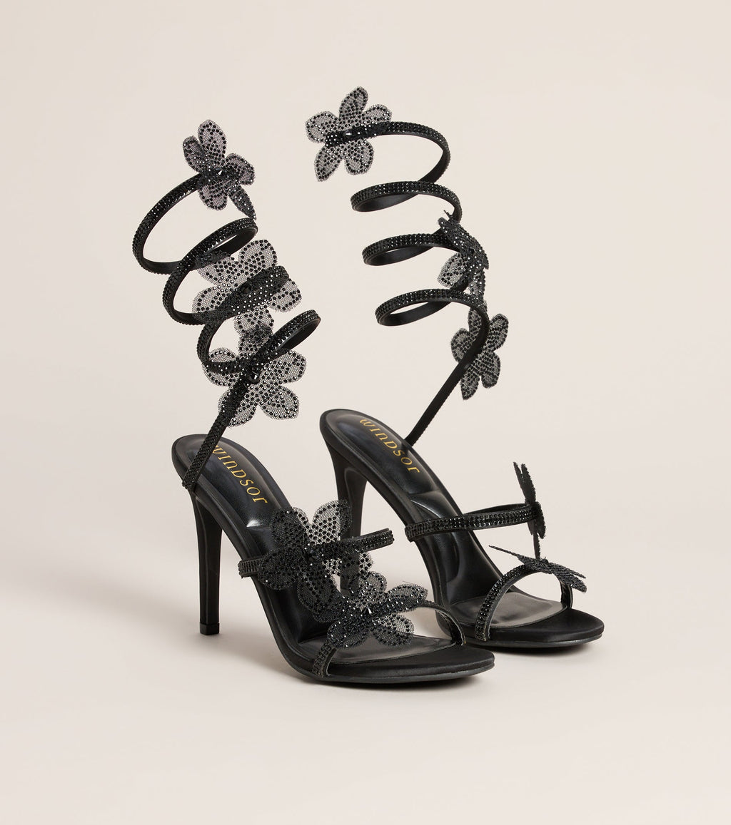 Glitzy Rhinestone Flower Spiral Stiletto Heels